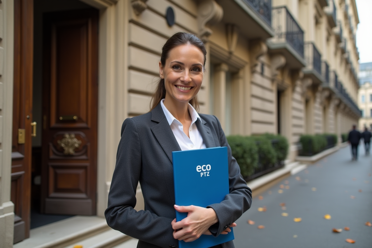 Femme professionnelle souriante devant immeuble ancien
