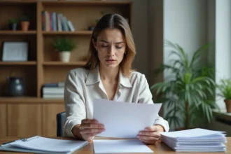 Femme en bureau à domicile cherchant des documents importants