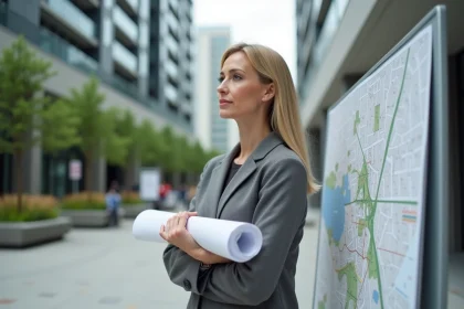 Femme confiante avec plans dans un environnement urbain