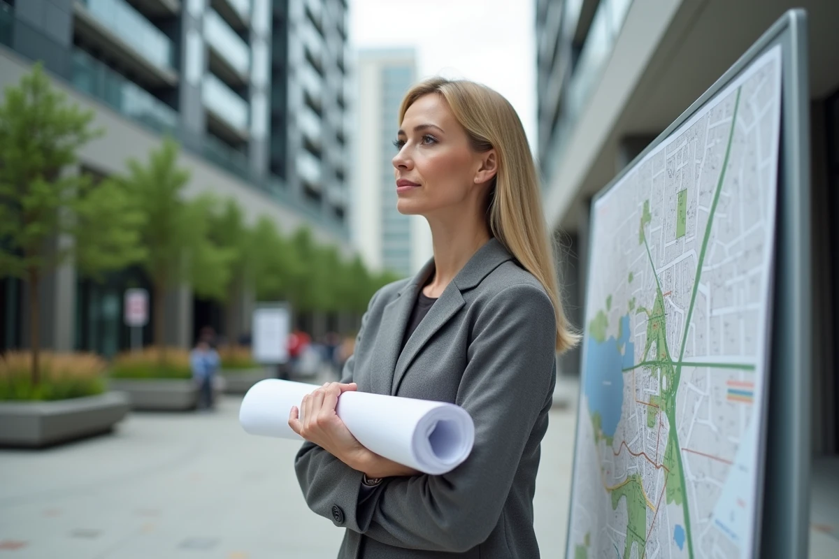 Femme confiante avec plans dans un environnement urbain