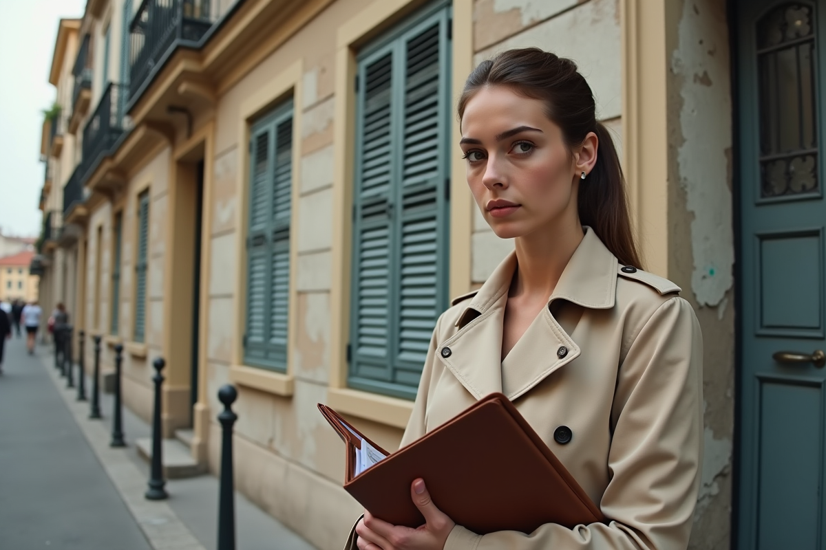 Jeune femme en trench regardant façade d