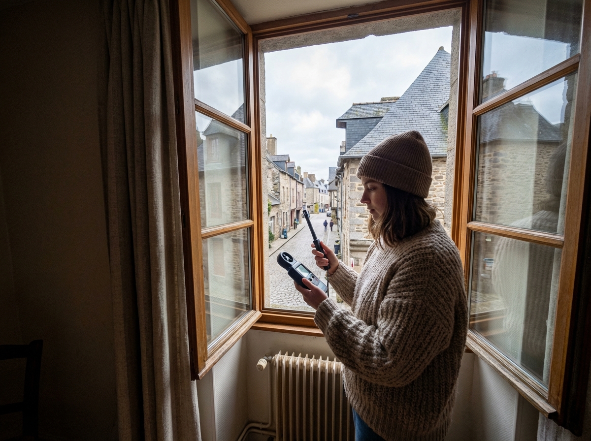 Jeune femme vérifiant la ventilation avec un débitmètre près d