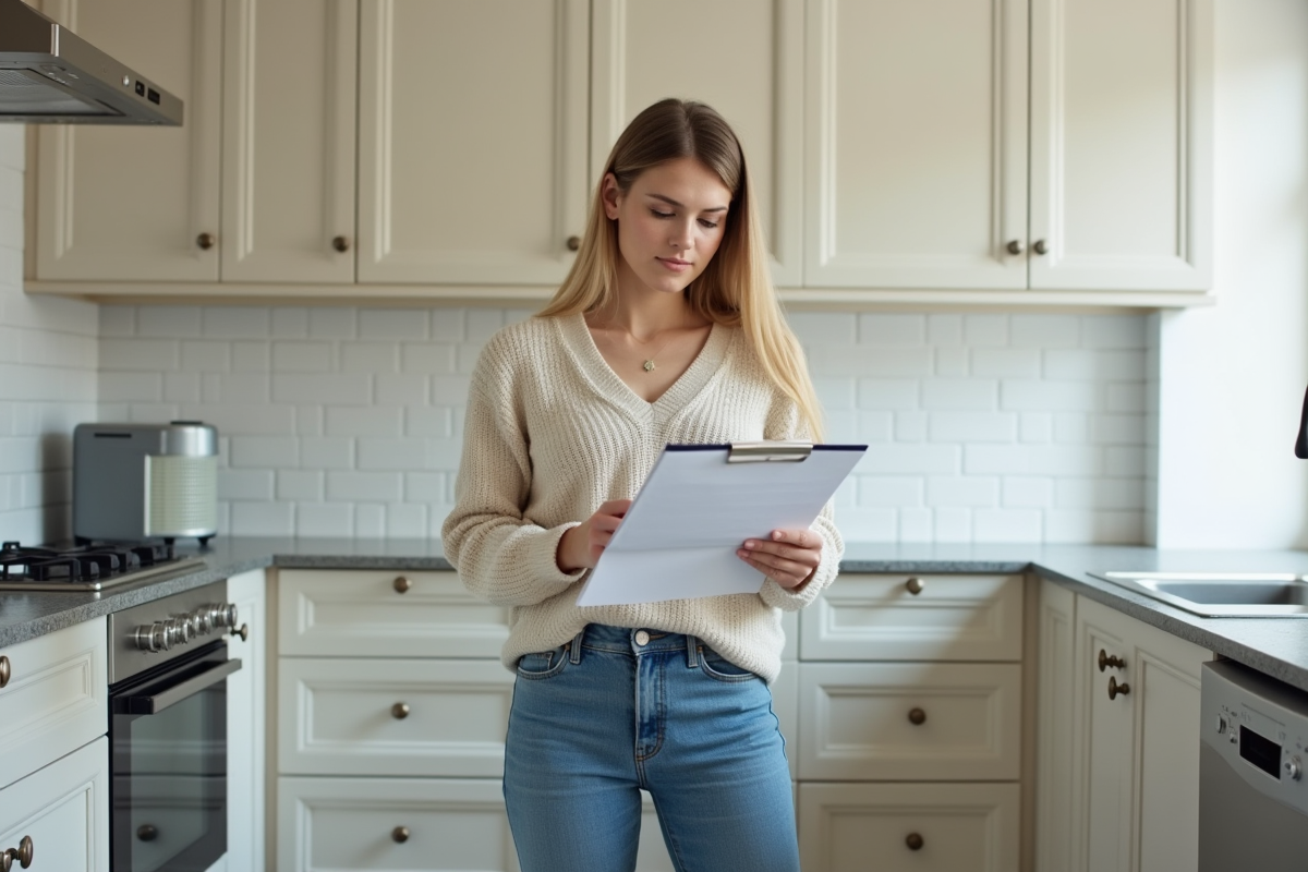 Jeune femme vérifiant une liste dans une cuisine rénovée
