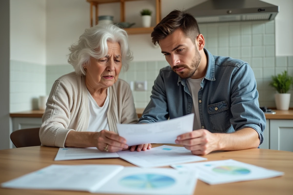 Femme âgée et jeune homme examinant des factures de maintenance