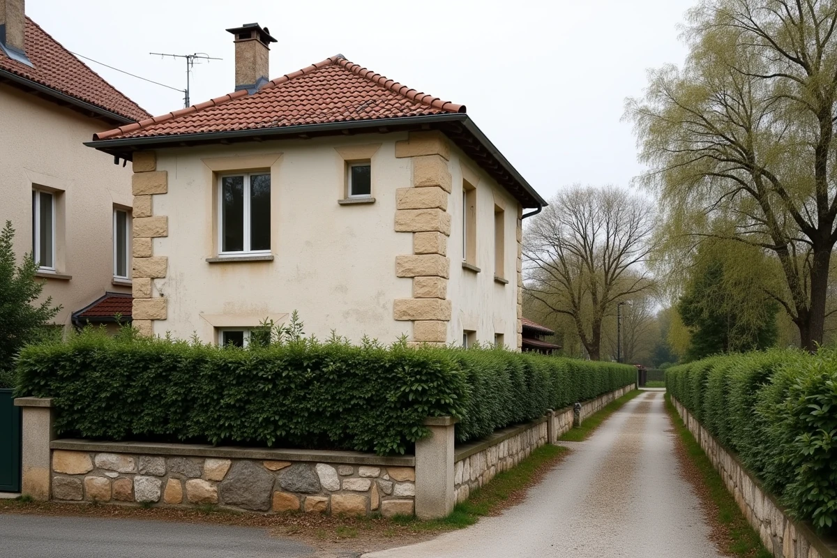 Façade de maison mitoyenne avec fenêtres latérales et mur de limite de propriété séparant deux habitations
