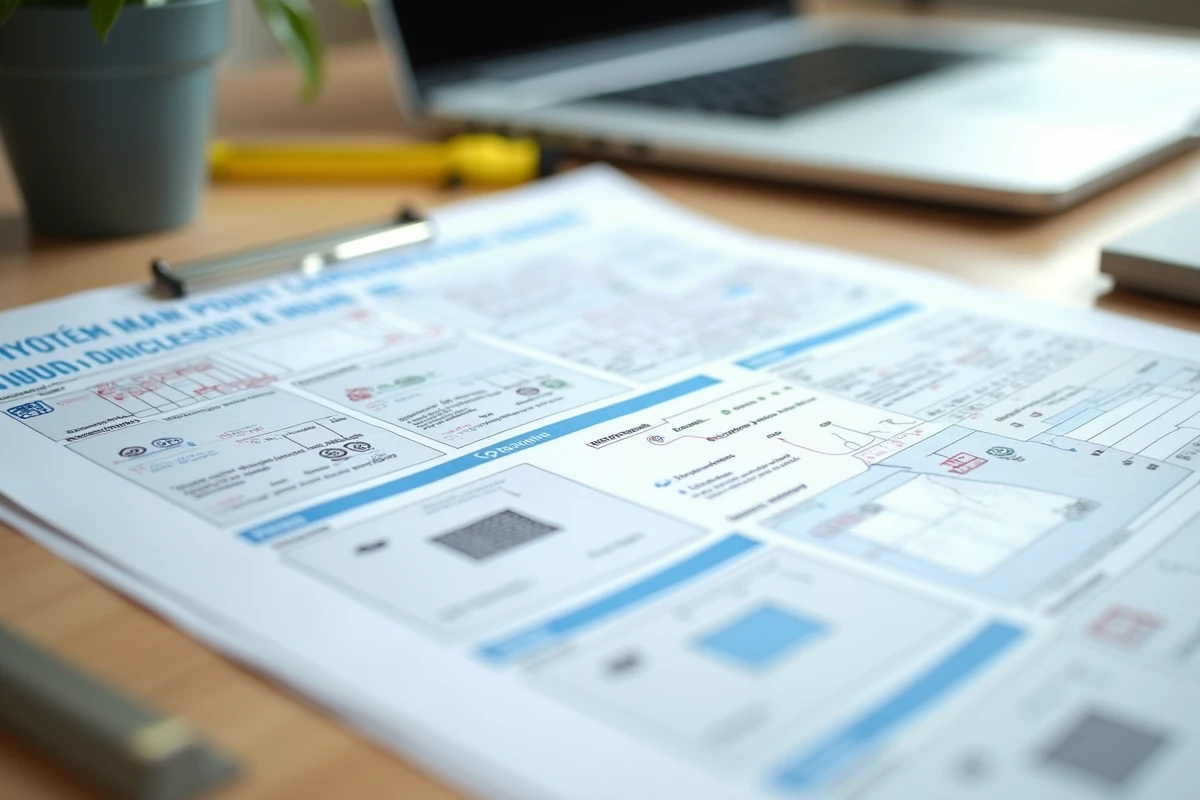 Vue de dessus d'un formulaire de déclaration préalable de travaux imprimé avec annotations manuscrites et outils de bureau