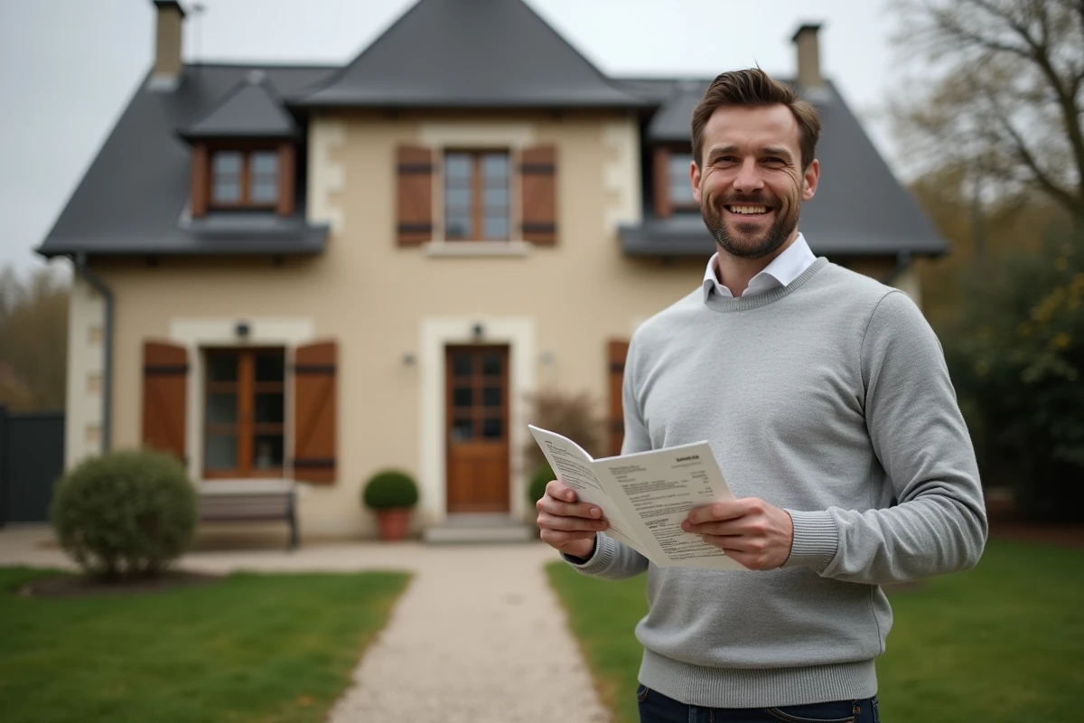 Homme tenant un document de comparaison des frais d'agence iad devant une maison à vendre