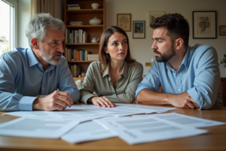 Trois frères et sœurs discutant de documents immobiliers dans un appartement