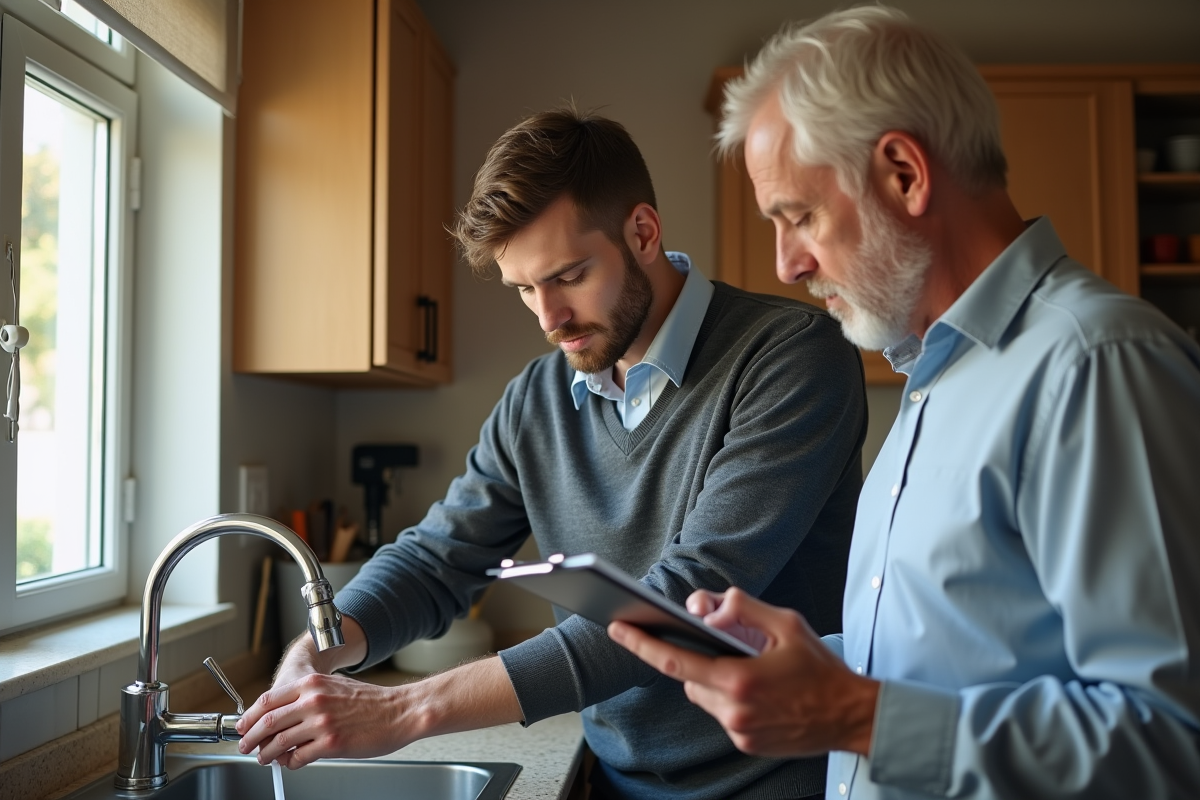 Jeune homme vérifiant un robinet qui fuit dans la cuisine