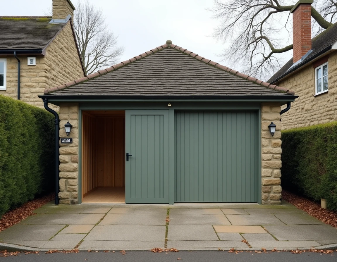 Garage résidentiel indépendant avec double porte en bois dans un quartier pavillonnaire en automne