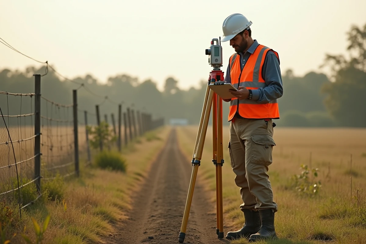 Geometre en plein relevé de terrain rural avec tripod
