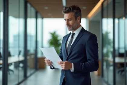Gestionnaire d'actifs professionnel en costume dans un bureau moderne