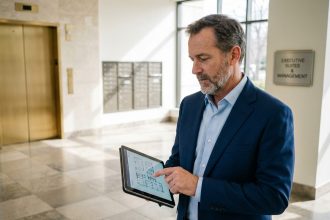 Gestionnaire immobilier en costume bleu examinant un plan sur tablette