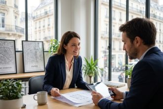 Propriétaire et gestionnaire spécialisé en location meublée à Paris examinant ensemble les documents de gestion d'un appartement