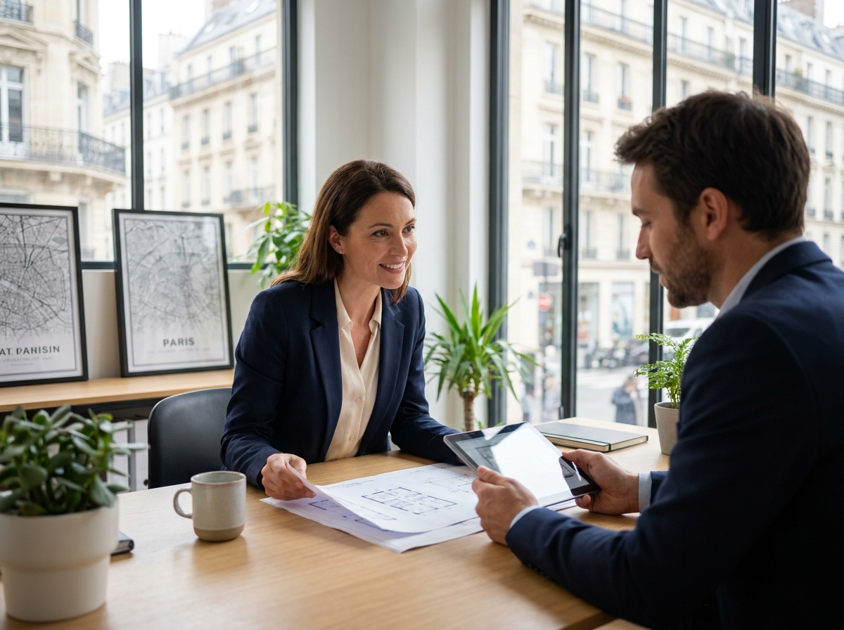 Propriétaire et gestionnaire spécialisé en location meublée à Paris examinant ensemble les documents de gestion d'un appartement