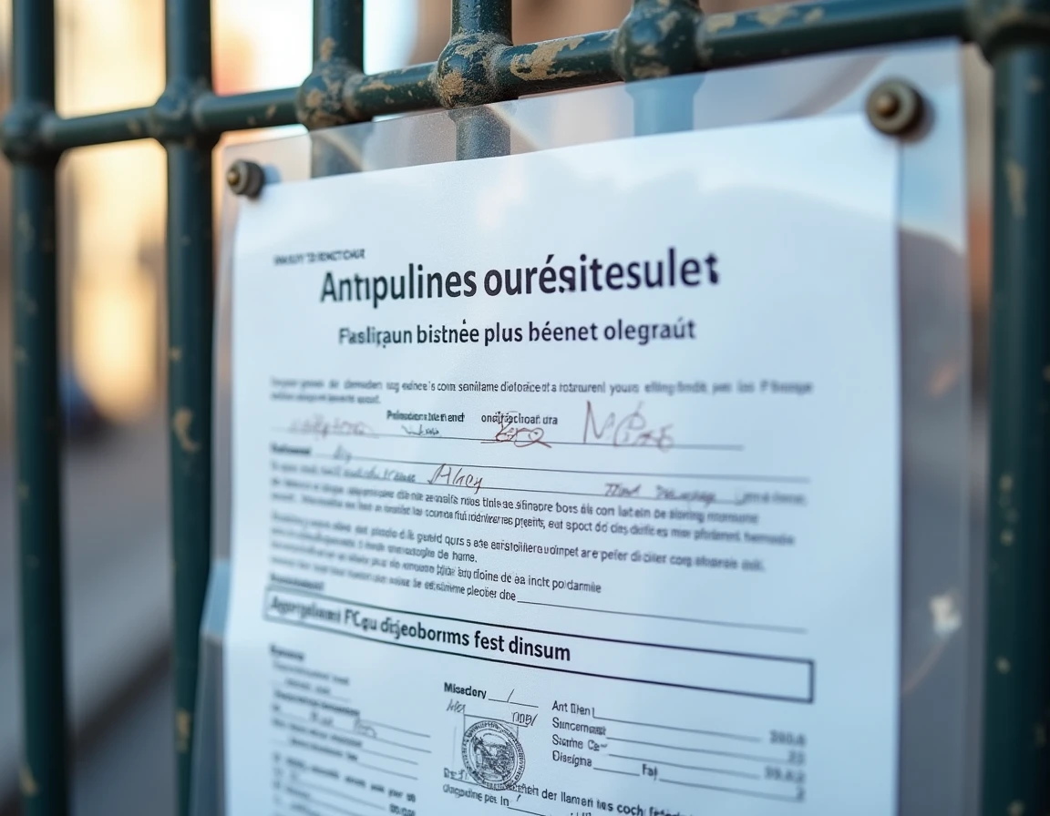 Gros plan sur un avis de permis de construire en PVC imprimé avec champs administratifs visibles affiché sur une clôture urbaine