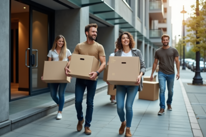 Groupe de jeunes déménageurs en ville avec cartons