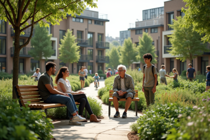 Groupe diversifié dans un ecodistrict avec jardins communautaires