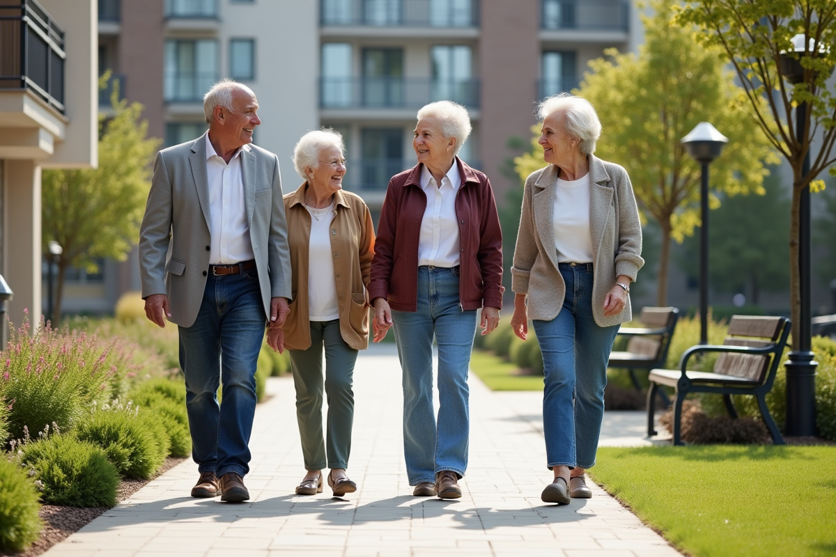 Groupe de seniors marchant dans un jardin communautaire