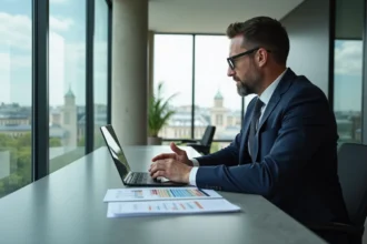 Homme d'affaires en costume analysant des données immobilières à Paris