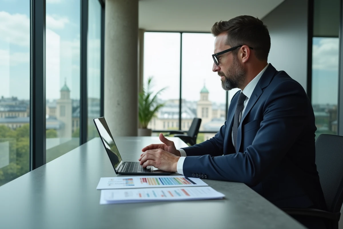 Homme d'affaires en costume analysant des données immobilières à Paris