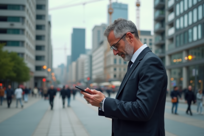 Homme d'affaires français regardant son smartphone en ville