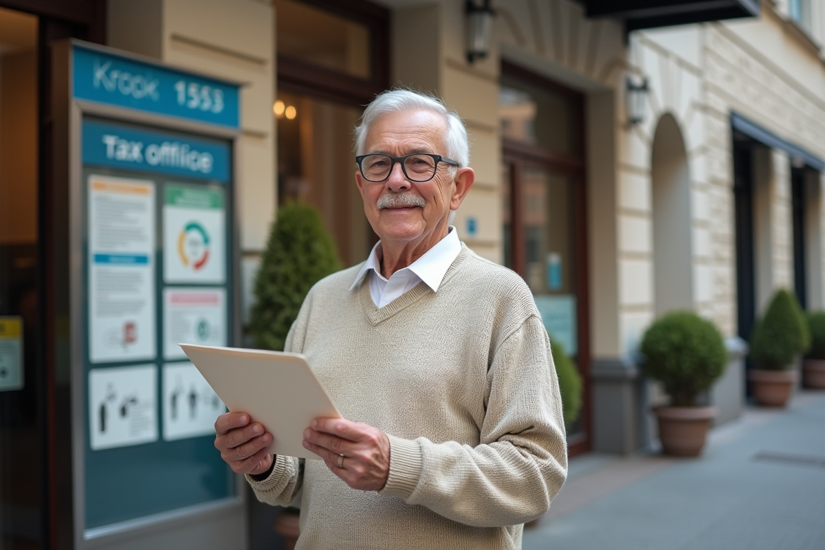 Homme âgé devant un bureau de la mairie avec une enveloppe