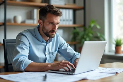 Un homme consultant des avis en ligne sur le site permis-construire.com avec des plans d'architecte sur son bureau