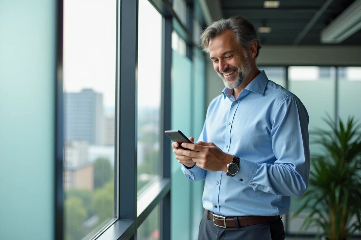 Homme d affaires souriant utilisant son smartphone dans un bureau moderne
