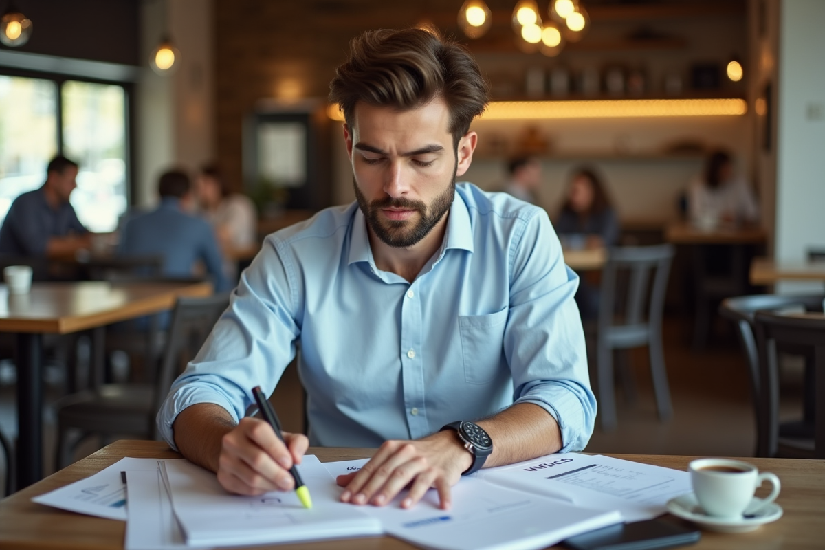Homme au café triant des factures et documents
