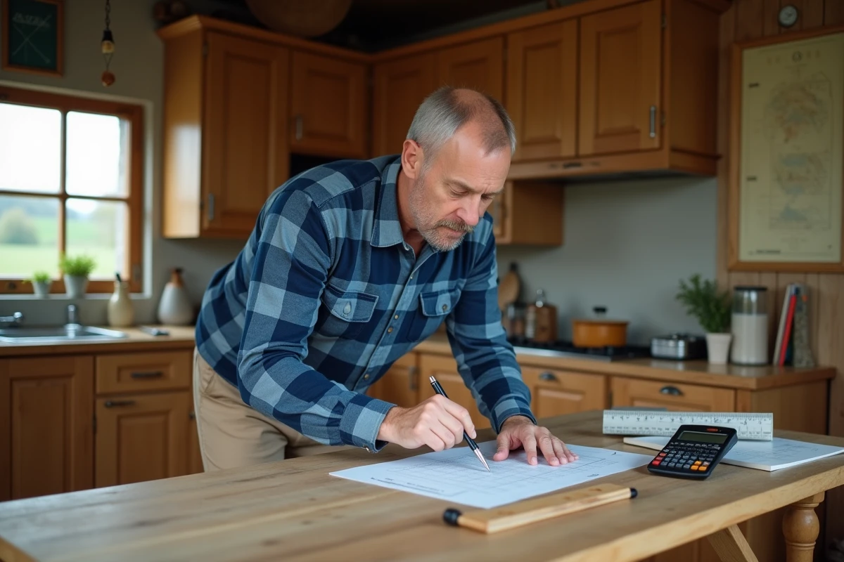 Homme en cuisine utilisant calculatrice et papier