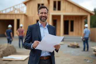 Homme d affaires avec plans devant une maison en construction