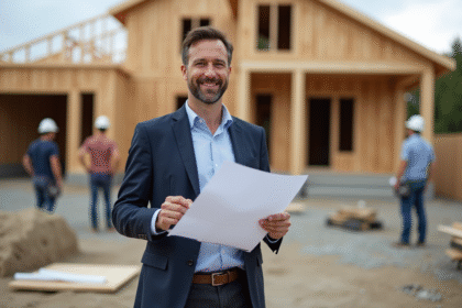 Homme d affaires avec plans devant une maison en construction