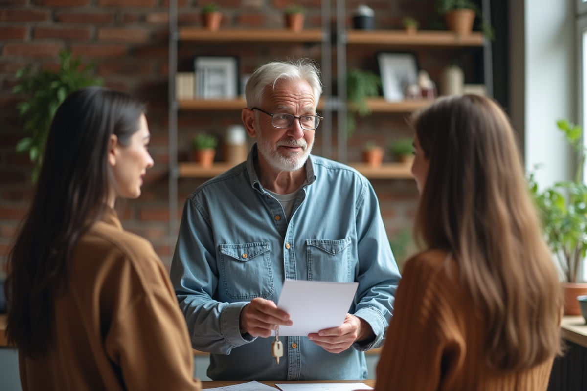 Homme avec clés discutant avec un couple dans un appartement