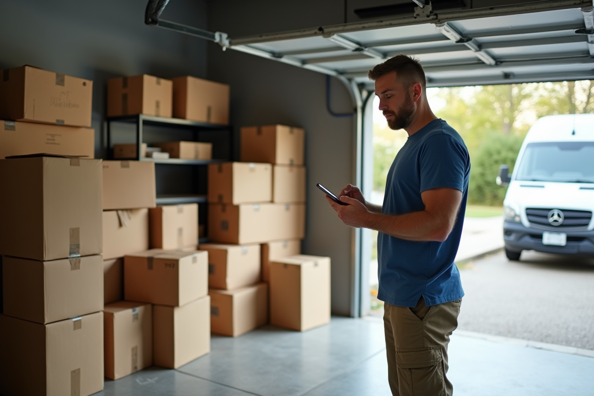 Homme comptant des cartons dans un garage organisé