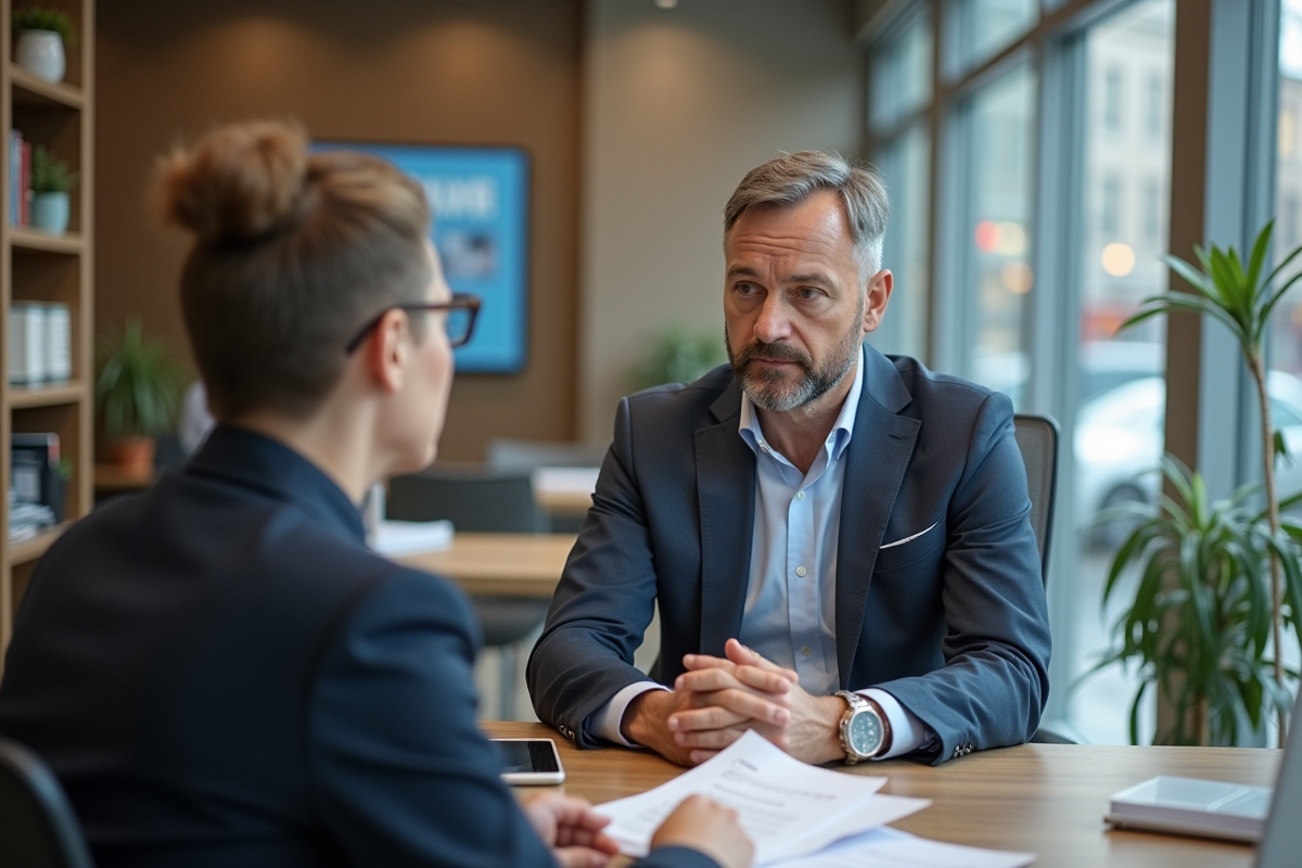 Homme discutant avec conseiller financier dans une agence