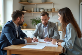 Homme d'affaires avec couple dans une cuisine moderne