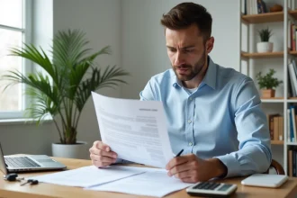 Homme lisant un contrat de location avec dépôt de garantie posé sur un bureau en bois dans un appartement moderne