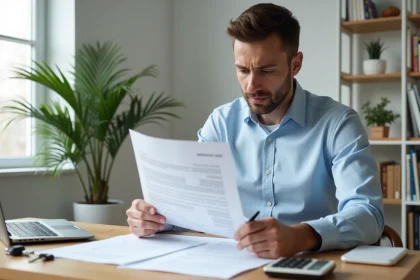 Homme lisant un contrat de location avec dépôt de garantie posé sur un bureau en bois dans un appartement moderne