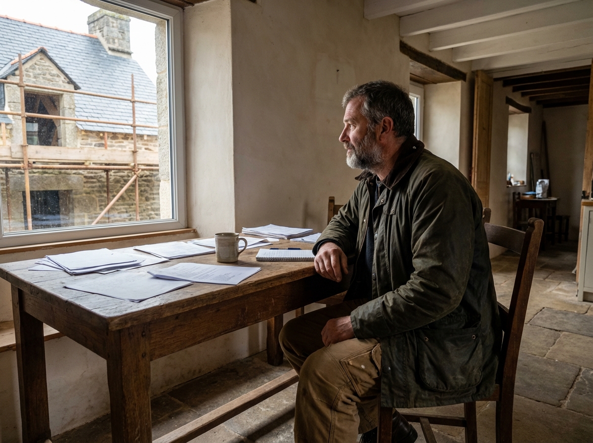 Homme dans une cuisine bretonne avec papiers et café