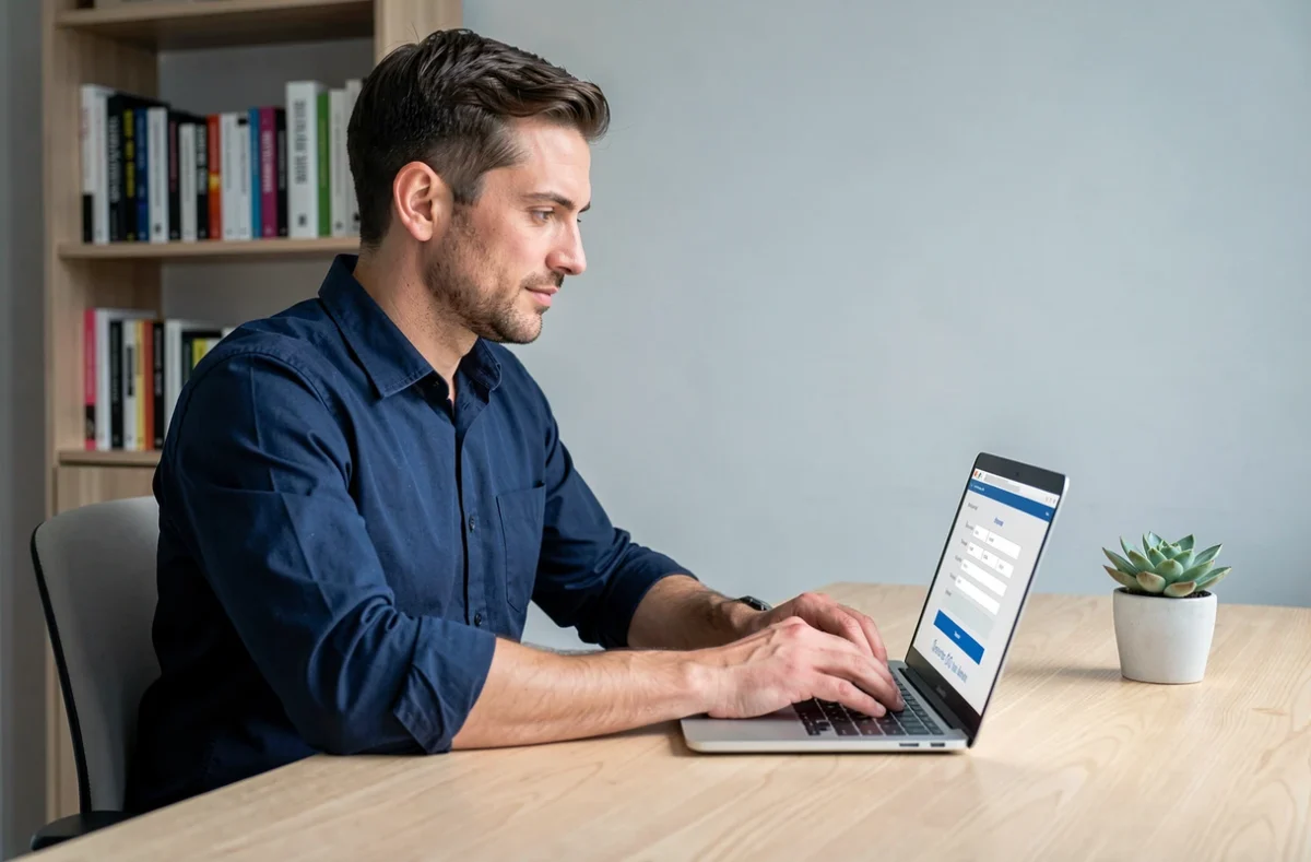 Homme remplissant un formulaire de devis assurance habitation en ligne sur ordinateur portable