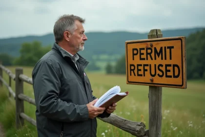 Homme contemplant panneau permis refuse en nature