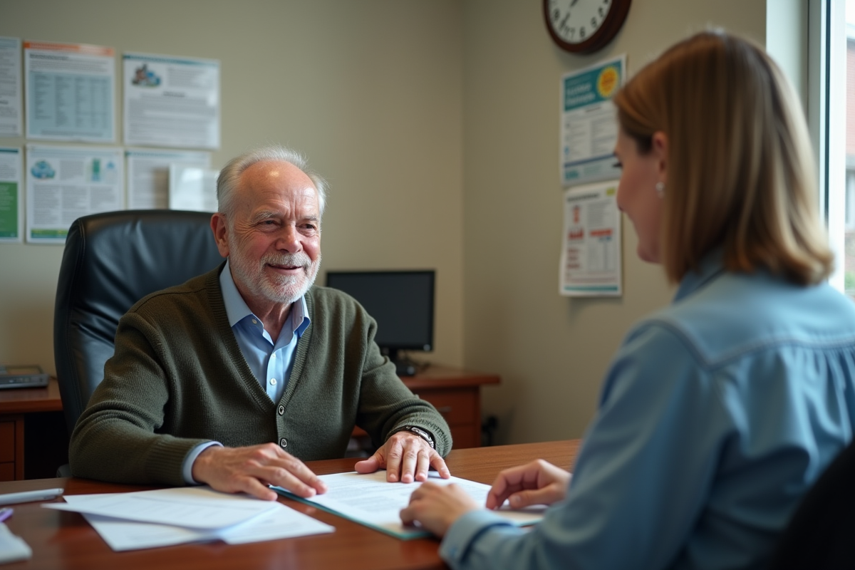 Homme âgé discutant avec un agent administratif au bureau