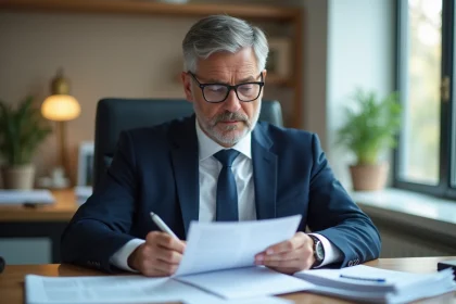 Homme d'affaires lisant un bail immobilier dans un bureau moderne