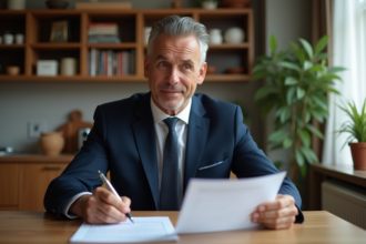 Homme d'âge moyen en costume bleu lit des documents bancaires