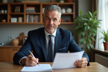 Homme d'âge moyen en costume bleu lit des documents bancaires