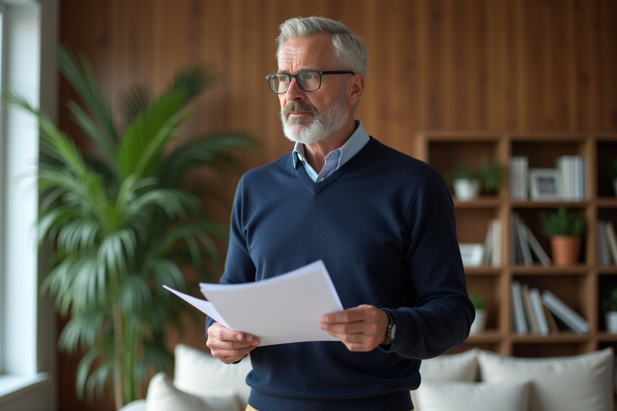 Homme d'âge moyen en lecture dans un salon moderne