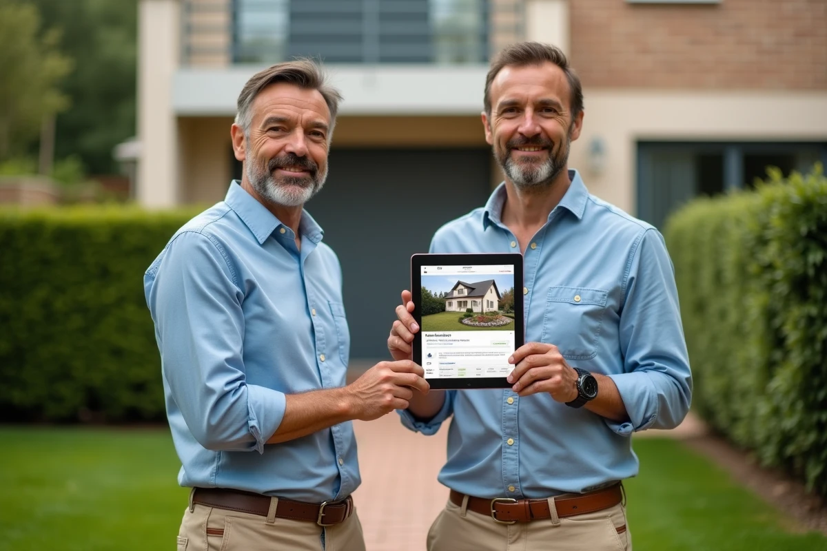 Homme avec tablette devant sa maison pour une estimation immobilière