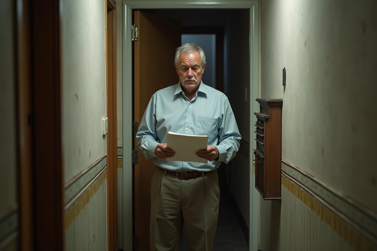 Homme dans le couloir lisant un avis à la porte d