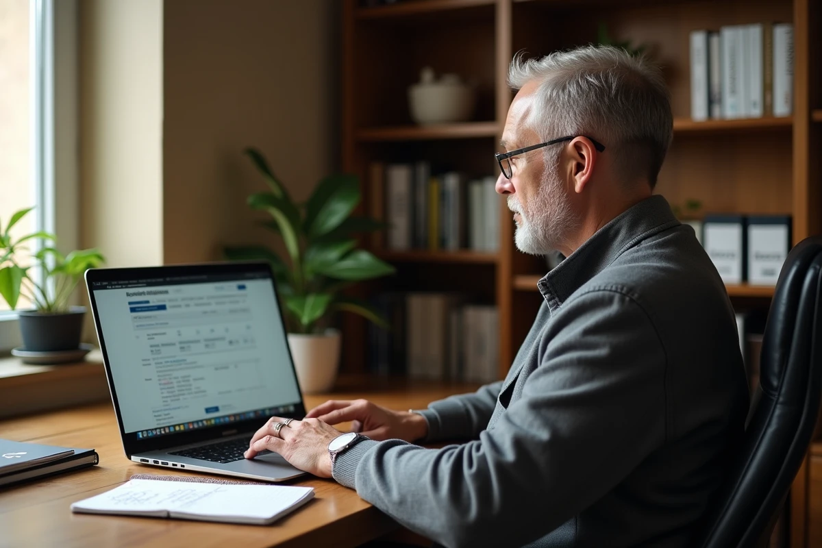Homme recherchant un syndic de copropriété sur un annuaire en ligne depuis son bureau à domicile